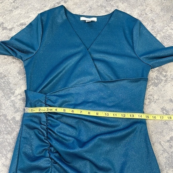 New Fourteenth Place Paulette Metallic Long Sleeve Mini Dress Faux Wrap Ruched M - Picture 12 of 13